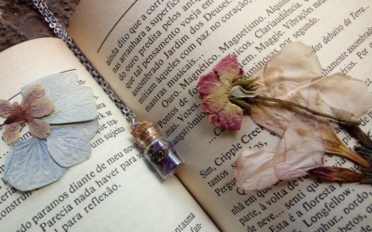 witch bottle and dried flowers in a book