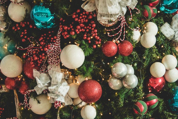 close up on christmas tree with ornaments